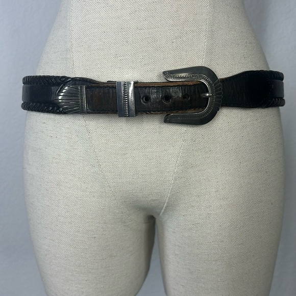 Brighton brown and silver leather braided vintage belt size 34 style 65803 - Picture 3 of 15